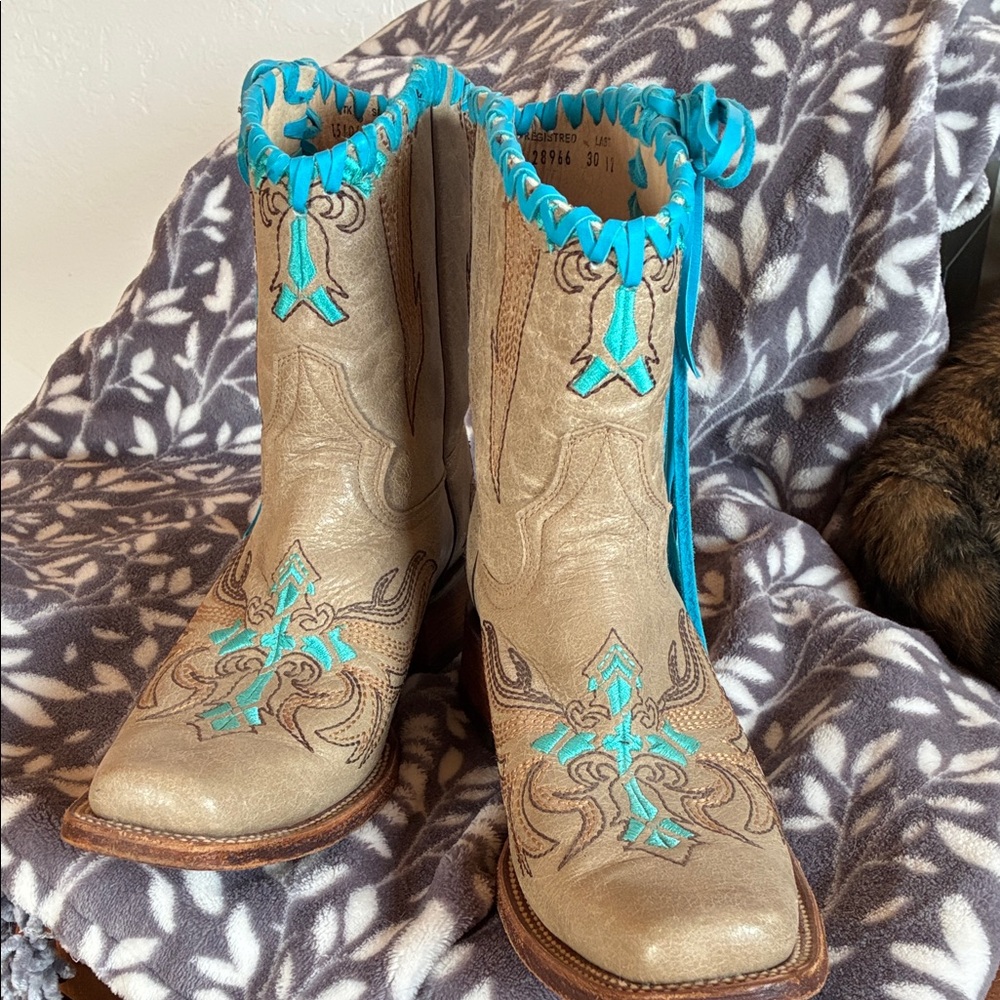 Circle G Tan and Turquoise Ankle Boots up cycled
